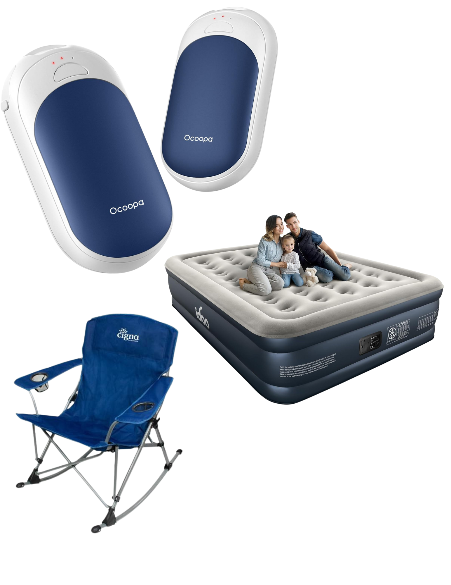 Outdoor Comfort
- Rechargeable Hand Warmers
- Air Mattress 
- Rocker Camper Chair (Cigna)